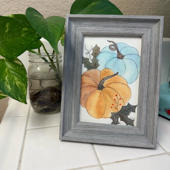 Watercolor pumpkin original 4x6 with Gray Frame - Picture 1 of 5
